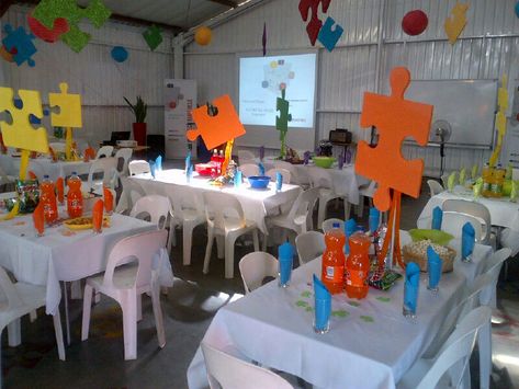 Puzzle Party Decor Volunteer Appreciation Dinner, Adoption Party Ideas, Puzzle Theme, Puzzle Piece Crafts, Adoption Shower, Puzzle Party, Puzzle Ideas, Candy Grams, Volunteer Gifts