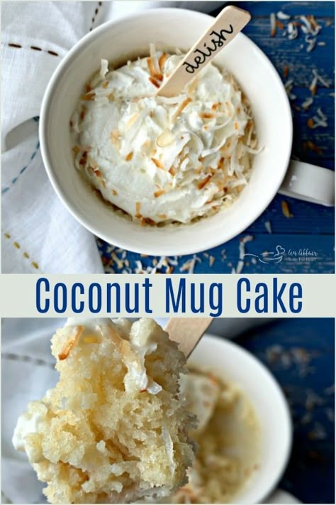 Coconut Mug Cake - Simple dessert for one, made in minutes. Angel Food Mug Cake Microwave, Coconut Mug Cake Microwave, Simple Desserts For One, Mug Recipes Dessert, Mug Cake Microwave Easy 3 Ingredients, Mug Cake Coconut, Mug Desserts Microwave, Mug Recipes Microwave, Single Serving Cake Recipe