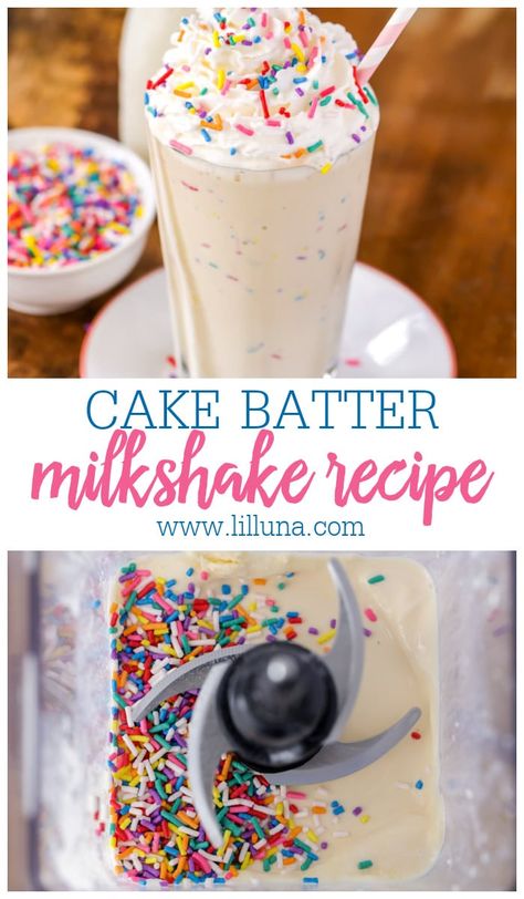 This easy soda shop style Cake Batter Milkshake is perfect for celebrations and enjoying on a hot summer day! #funfetticakebattermilkshake #cakebatter #funfetticakebattermilkshake #milkshakerecipe #funfetticake Cake Batter Milkshake, Cake Batter Shake, Birthday Cake Milkshake, Yummy Milkshake Recipes, Gf Cake, Milkshake Recipe Easy, Homemade Milkshake, Ice Cream Shake, Ice Cream Drinks