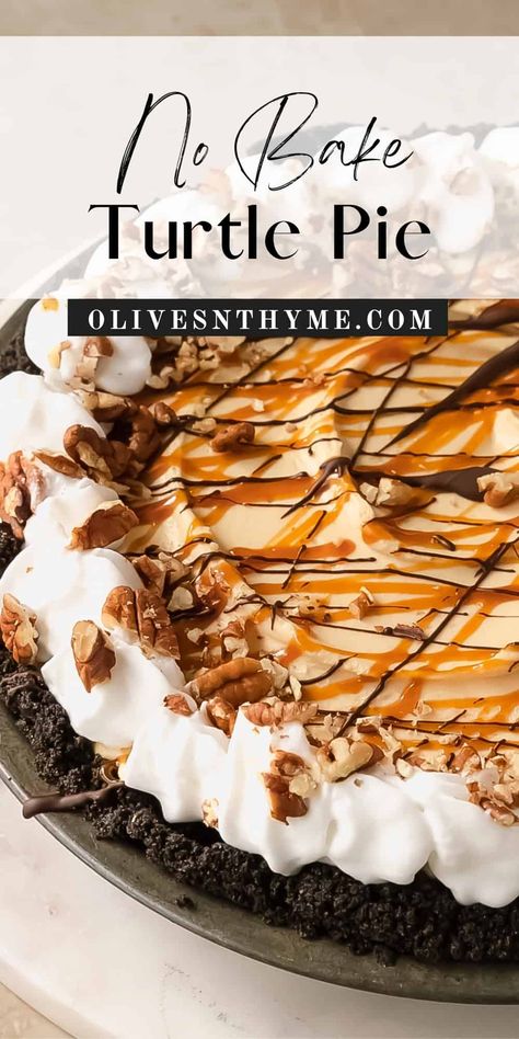 Turtle Pie Recipe No Bake Cookies And Cream Pie, Turtle Pie No Bake, Turtle Gophers Recipe, Turtle Ice Cream Pie, No Bake Turtle Cheesecake Recipes, New Pie Recipes, Turtle Cream Pie, Chocolate Turtle Pie, Best Pies For Pie Auction