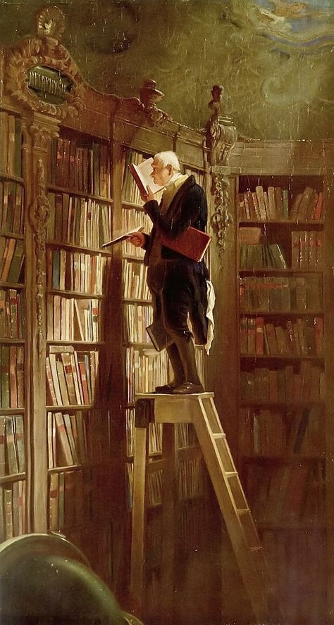 A bibliophile caring for his extensive collection, painted by Carl Spitzweg in 1850. Carl Spitzweg, Library Of Alexandria, William Adolphe Bouguereau, Beautiful Library, Library Reference, The Bookworm, Marjolein Bastin, Van Gogh Museum, All About Books