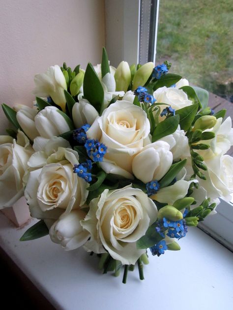 June Wedding Flowers, Bouquet Of White Roses, Blue And White Roses, Coral Wedding Flowers, Blue Wedding Centerpieces, Church Wedding Flowers, Tulip Wedding, White Rose Bouquet, Blue Wedding Bouquet