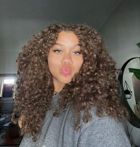 Brown Hair On Mixed Skin, Natural Sandy Brown Hair, Chestnut Brown Hair On Black Women Curls, Mushroom Brown Hair Color Curly, Medium Brown Hair Curly, Curly Light Brown Hair Black Women, Hazelnut Brown Curly Hair, Dyed Curly Hair Ideas Colour Brown, Chocolate Brown Curly Hair Natural