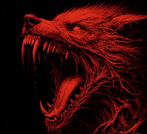 Dark Fantasy Animals, Teeth Aesthetic Creepy, Omen Aesthetic, Gothic Werewolf, Feral Aesthetic, Red Werewolf, Wolf Profile, Red Pfps, Scary Wolf