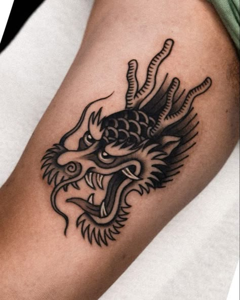 Illustrative Traditional Tattoo, Classic Dragon Tattoo, Dragon Head Tattoo Traditional, Traditional Tattoo Shading, American Traditional Dragon Tattoo Flash, Traditional Dragon Tattoo Flash, Traditional Dragon Head Tattoo, Trad Dragon Tattoo, Old School Dragon Tattoo