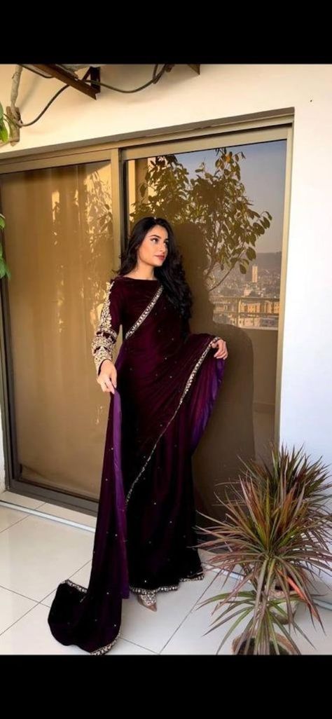 Saree For Function, Wine Saree, Embroidery Lace Border, Velvet Saree, Moti Work, Designer Sarees Wedding, Simple Saree Designs, Saree Work, Embroidery Border