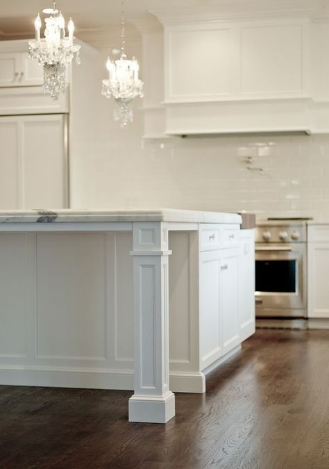 Kitchen Island Leg Inspiration Kitchen Island With Posts, Kitchen Island With Columns Posts, Kitchen Island Posts, Island Overhang, Kitchen Island With Legs, Kitchen Island With Columns, Hood Cabinet, Square Island, Kitchen Island Legs