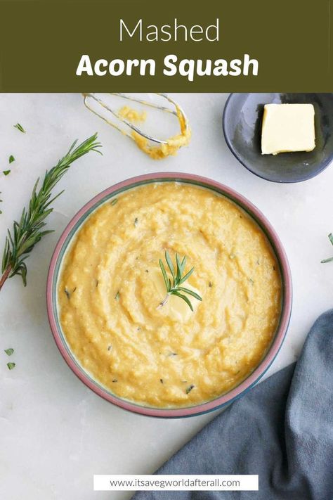 mashed acorn squash in a bowl under text box with recipe title Mashed Acorn Squash Recipe, Squash For Thanksgiving, Mashed Acorn Squash, Acorn Squash Baked, Low Oxalate Recipes, Acorn Squash Recipe, Easy Holiday Side Dishes, Low Oxalate Diet, Garlic Carrots