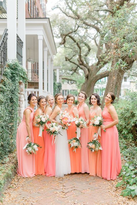 Peach Ombre Bridesmaid Dresses, Coral Braidsmaid Dresses, Coral Orange Wedding Theme, Coral Maid Of Honor Dress, Pink And Coral Bridesmaid Dresses, Pink Coral Bridesmaid Dresses, Orange And Coral Wedding, Destination Wedding Bridesmaid Dresses Beach, Bridesmaid Dresses Orange Coral