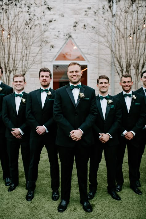 Groomsmen Attire Black, Fall Groomsmen, Briscoe Manor, Green Tux, Green Bowtie, Elegant Wedding Ceremony, Dark Green Wedding, Dark Green Bridesmaid Dress, Groom And Groomsmen Suits