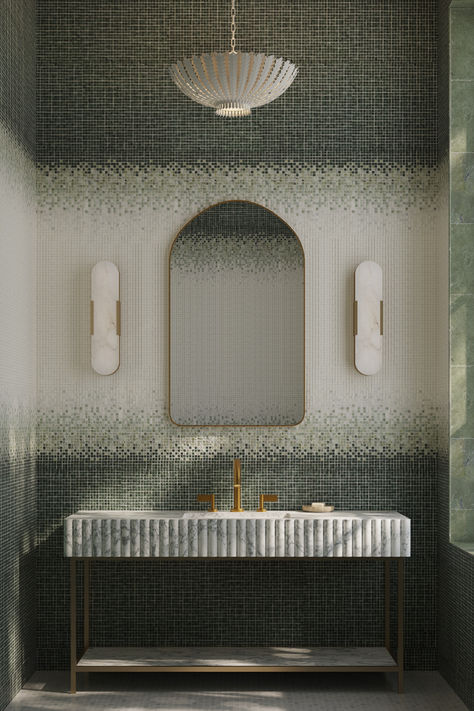 Bathroom design with green and white ombre mosaics with marble vanity and brass fixtures. Ann Sacks Tile, Ann Sacks Tiles, Stone Fireplace Surround, Tile Mosaics, Ann Sacks, Concrete Products, Backsplash Bathroom, Mosaic Pieces, Ombre Design