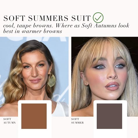 Soft Autumn VS Soft Summer beauty 🤍 . #coloranalysis #sabrinacarpenter #giselebündchen #softsummer #softautumn #coloranalyst #colouranalysis Soft Autumn Soft Summer, Soft Summer Orange, Summer Palette Hair Color, Soft Summer Vs Soft Autumn, Soft Summer Hair Color, Soft Summer Romantic, Soft Autumn Hair, Palette Hair Color, Colour Season Analysis