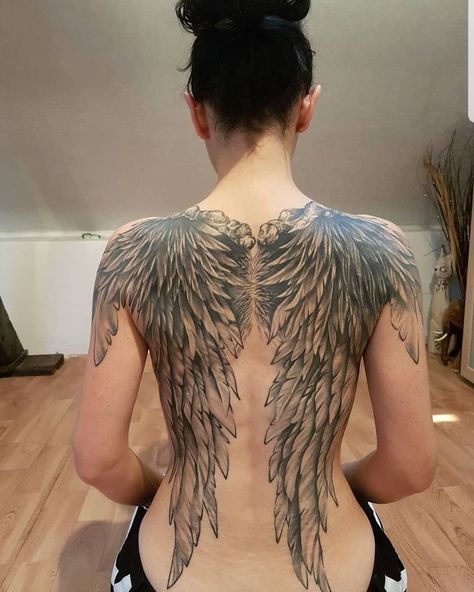 Big Wing Tattoo On Back, Angle Wing Tattoos Back, Wing Tattoo Women Back, Winged Back Tattoo, Female Wing Tattoos, Tattoo Angel Wings Back, Full Back Wing Tattoo, Angle Wings Tattoo Back, Angle Wing Back Tattoo