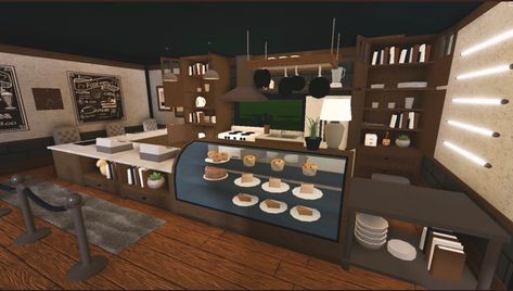 Bloxburg Hotel Kitchen Ideas, Bloxburg House Ideas Restaurant, Roblox Bloxburg Small Cafe Ideas, Blox Burg Restaurant, Bloxburg Bakery Interior Ideas, Cafe Kitchen Design Bloxburg, Bloxburg Restaurant Kitchen Ideas, Bloxburg Hotel Restaurant, Gym Build Bloxburg