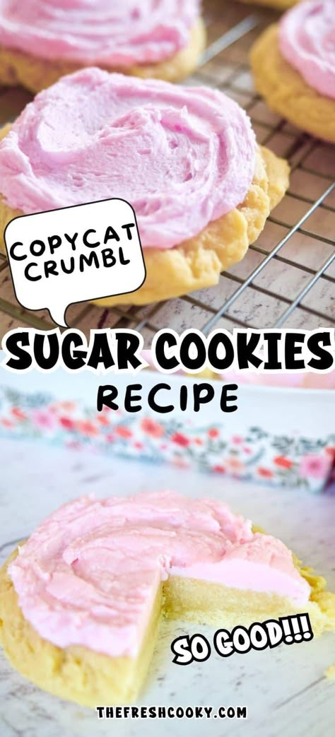 Make these EASY COPYCAT CRUMBL CHILLED SUGAR COOKIES today! In about 30 minutes you will have soft, thick, buttery, chewy sugar cookies topped with an amazing light, fluffy pink almond buttercream frosting. Tips, variations and more on the blog. Recipe via @thefreshcooky Pink Sugar Cookie Recipe, Recipe For Meringue, Almond Buttercream Frosting, Almond Buttercream, Almond Sugar Cookies, Cookie Recipe Video, Keto Cookie Recipes, I Am Baker, Cookie Table