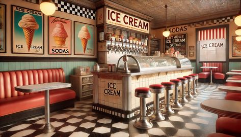 Old School Ice Cream Shop, 1950s Ice Cream Shop, 50s Soda Shop, Retro Ice Cream Shop 50s Diner, Disco Room, Old Timey Ice Cream Shop, 1950s Aesthetic, Voxel Art, Bakery Shop Design