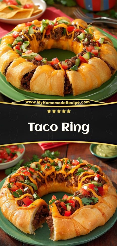 This taco ring is a fun and delicious way to serve tacos, wrapped in crescent rolls and baked to perfection. Great for parties! Ingredients: 1 lb ground beef, cooked and seasoned 1 can crescent roll dough 1 cup shredded cheddar cheese ½ cup salsa Serve this taco ring with sour cream and guacamole for dipping Taco Croissant Ring, Taco Ring With Crescent Rolls Pillsbury, Crescent Taco Ring, Taco Ring With Crescent Rolls, Crescent Roll Taco Ring, Taco Crescent Ring, Taco Ring Recipe, Super Bowl Foods, Taco Ring