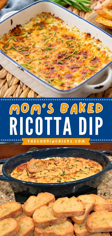 Ideas For Ricotta Cheese, Cheese Less Appetizers, Baked Riccota Cheese Dip, Dips With Crostini, What Can I Use Ricotta Cheese For, Crockpot Ricotta Dip, Appetizer Recipes Ricotta, Ricotta Cheese Ideas, Baked Cheese Dip Appetizers