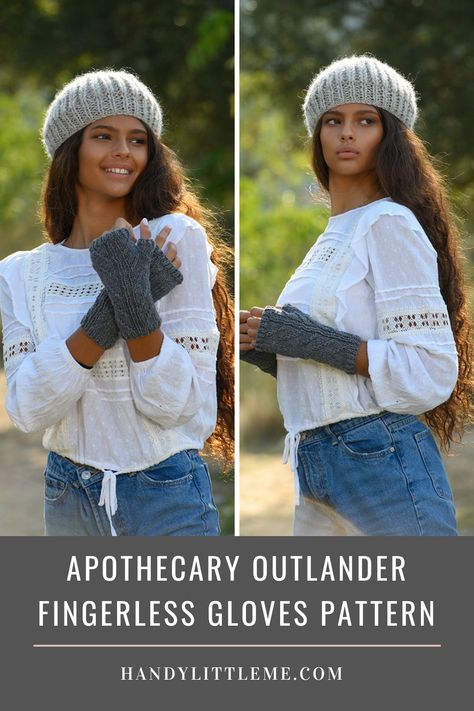 Apothecary Outlander fingerless gloves pattern free. Inspired by Claire's mitts from Outlander Season 5 (Seen worn by Claire in episode 10 'Mercy shall follow me') the apothecary Outlander fingerless gloves pattern will allow you to create an interesting slipped stitch design. #Outlander #knitting #outlanderpatterns #outlanderknits #fingerlessgloves Apothecary Outlander, Knitting Patterns Sweaters, Outlander Patterns, Outlander Knitting Patterns, Fingerless Mittens Pattern, Knitted Dog Sweater Pattern, Patterns For Toys, Knitted Dog Sweater, Fingerless Gloves Pattern