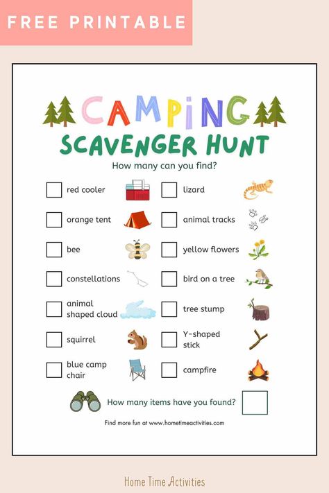 Kids love this camping scavenger hunt! Get this free printable PDF filled with fun things kids can look for while camping. Our kids really enjoy scavenger hunts, and a campsite is a perfect location for one. Look for a variety of things - a red cooler, a bird on a tree, a Y-shaped stick, and more! Get the free printable at www.hometimeactivities.com. Camping Scavenger Hunt For Kids, Scavenger Hunt Ideas For Kids, Camping Scavenger Hunts, Camping Kids, Camping Crafts For Kids, Airplane Activities, Camping Activities For Kids, Toddler Ideas, Free Printable Activities