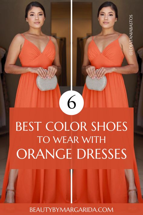 Not sure what color shoes to wear with an orange dress? Check out our guide to find the perfect shoes to complement your orange dress, whether for a wedding or a laid-back party! What To Wear With An Orange Dress, Orange Dress Blue Heels, Maxi Orange Dress Outfit, Orange Dress Gold Heels, Neon Orange Dress Outfit, Heels For Orange Dress, Makeup To Wear With Orange Dress, Jewelry With Orange Dress, Orange Dress With Sneakers