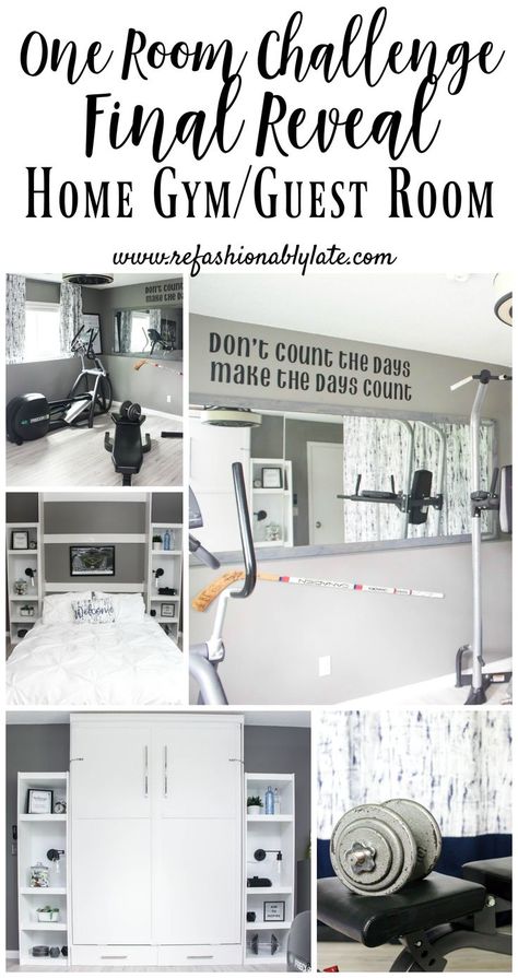 Home gym and guest room makeover reveal.  Great ideas to combine two rooms into one.  Also learn how to make a murphy bed! | refashionablylate.com #DIY #murphybed #homegym #guestroom #cricut #cricutquotedecal Home Gym Guest Room, Guest Room Workout Room Combo, Gym And Guest Room Combo, Gym Guest Room, Peloton Room, Workout Room Ideas Home, Basement Guest Rooms, Workout Room Home, Bedroom Gym