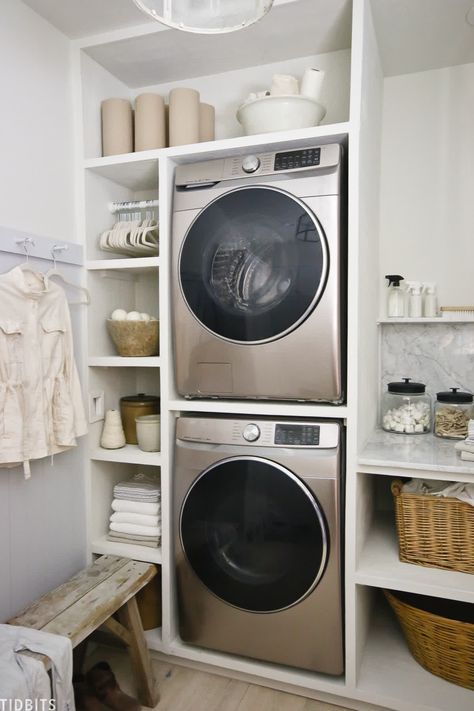 Organic Laundry Room, European Laundry, Stackable Laundry, Laundry Room Paint Color, European White Oak Floors, Stacked Laundry Room, Laundry Room Closet, Laundry Room Layouts, Laundry Room Renovation