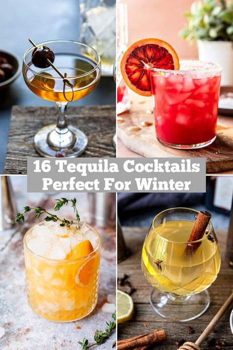 Tequila lovers take note!! 16 tequila cocktails that are perfect for sipping in the colder months! All cocktail recipes are included. Wine And Tequila Drinks, Tequila Cooking Recipes, Tajin Cocktail Recipes, Easy Tequila Mixed Drinks, Patron Reposado Recipes, Tequila Mule Cocktails, Signature Tequila Cocktail, New Years Drinks With Tequila, Taquilla Cocktail Recipes