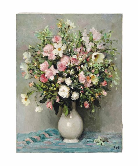 Marcel Dyf (French, 1899-1985) | Roses et cosmos | 1960s, Paintings | Christie's Carnations In A Vase, Pink Carnation Painting, Carnation In Vase, Pink Carnation Aesthetic, Carnation Flower Painting, Carnations Painting, Carnation Painting, White Carnations, Life Flower