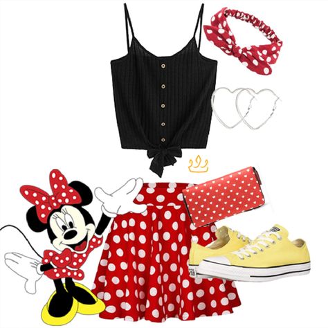 A cute disneybound for a classic Fab Five disney character! This Minnie Mouse disneybound is perfect for a stylish disneybound kind of day. This casual disneybound outfit is great for meeting friends, because you'll look cute and be in a princess disneybound (since Minnie is such an icon). For more Disneybound collages, Disneybound inspiration, and princess disneybounds, check out Theme Park Style - Inclusive. Immersive. Fun. #Cute disneybound #disney characters #casual disneybound