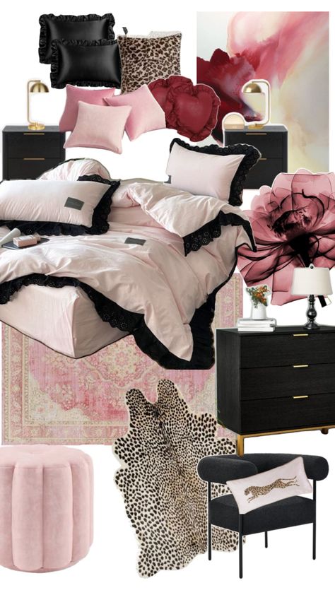 Pink, black, cheetah print home decor. Bedroom decor. Black Pink Room, Black And Pink Room Ideas, Black And Pink Room, House Room Design, Pink Room Ideas, Deco House, Room Redesign, Redecorate Bedroom, Dreamy Room