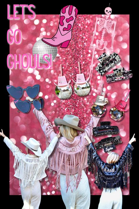 Let's Go Ghouls! The disco cowgirl inspired, spooky bachelorette theme! Everything pink, disco, and cowgirl core has been the hottest trend this year, take it a step further with this October twist! Pink, black, and sliver color scheme. All pictured gifts and favors available and customizable! Nashville Bachelorette Favors, Pink Fringe Jacket, Cowgirl Core, Cowgirl Jacket, 21st Birthday Outfit, Country Concert Outfits, Bachelorette Theme, Pink Disco, Disco Cowgirl