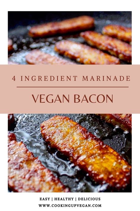 4 ingredient marinade vegan tempeh bacon sizzling in a pan. Tempeh Bacon Recipe, Vegan Bacon Recipe, Blt Sandwiches, Vegan Blt, Vegan Meat Recipe, Vegan Soul Food, Tempeh Bacon, Tempeh Recipes, Blt Sandwich