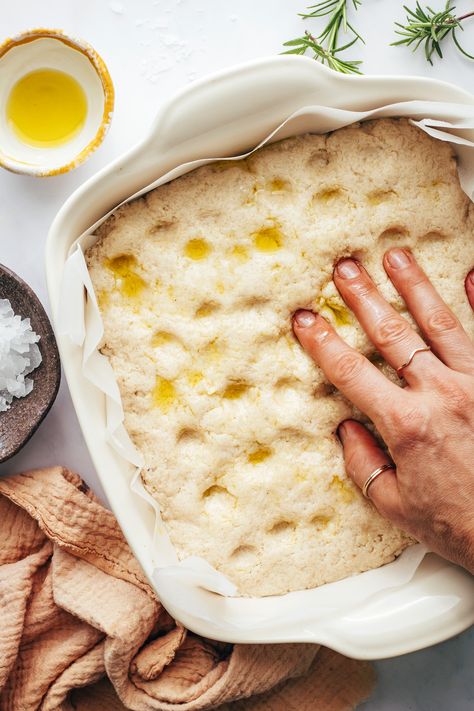 Pressing fingers into focaccia dough to create pockets on the top Focaccia Dough, Gluten Free Focaccia, Savory Baking, Gluten Free Yeast Free, Focaccia Bread Recipe, Nourishing Food, Gf Food, Focaccia Bread, Nourishing Foods