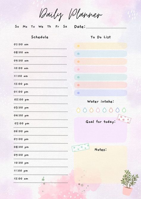 Daily Planner Diy, Daily Planner Book, Exam Planner, Journal Watercolor, Notes Plan, Free Planner Templates, Weekly Schedule Planner, Daily Planner Printables Free, Daily Routine Planner