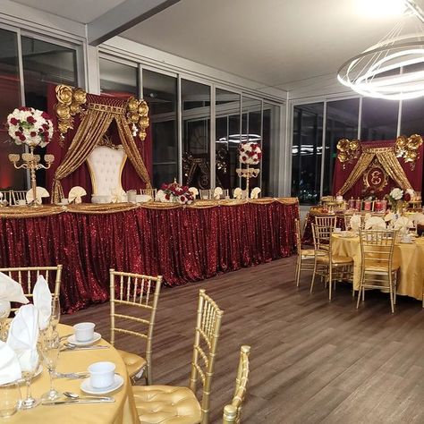 Decorating For Quinceanera, Burgundy And Gold Dresses, Red Sweet 15 Decorations, Quinceanera Decorations Red And Gold, Red And Gold Venue Quince, Wine Red And Gold Quinceanera Theme, Red Main Table Quinceanera, Burgundy Decorations Quinceanera, Red Quinceanera Ideas Decor Main Table