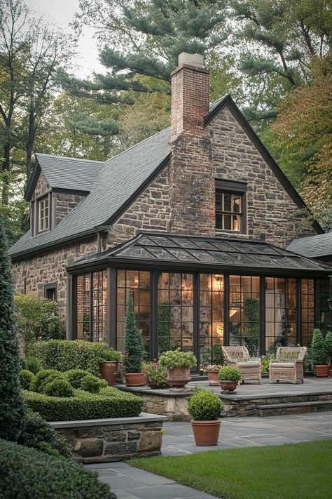 Modern Cobblestone House, English Cottage New Build, Stone Cottages Exterior, Stone House Designs Exterior, Stone House Garden, Historic Stone House, English Style House Exterior, English Cottage Architecture, English Brick Cottage