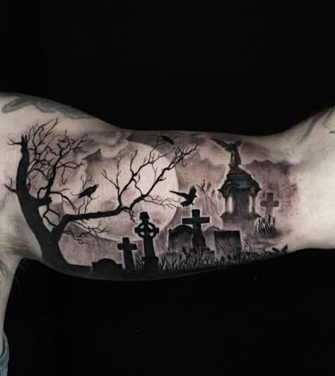 Graveyard Hand Tattoo, Realistic Skeleton Tattoo, Grim Reaper Graveyard Tattoo, Cemetery Tattoo Ideas, Traditional Graveyard Tattoo, Creepy Tattoo Sleeve, Grave Yard Tattoos, Cemetery Tattoo Design, Gothic Forearm Tattoo