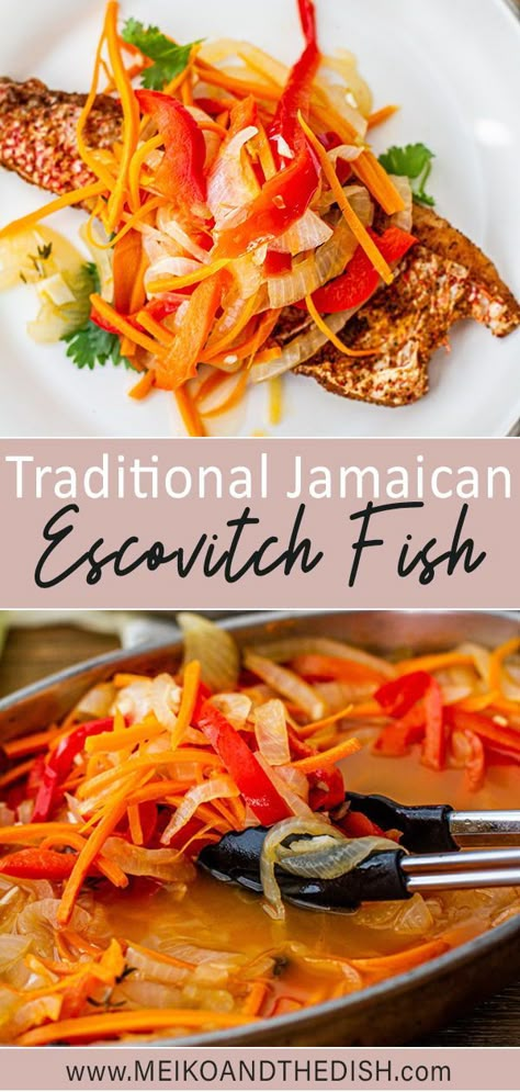 Jamaican Escovitch Fish Recipe, Jamaican Escovitch Fish, Cassava Bread, Escovitch Fish, Red Snapper Recipes, Snapper Recipes, Jamaica Food, Carribean Food, Jamaican Dishes