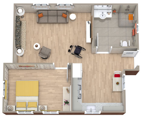 A grey and orange 3D floor plan accessible for wheelchair with one bedroom, one bathroom, and an semi-open floor plan. Wheelchair House Plans, Accessible Floor Plans, Wheelchair House, Accessible House, 3d Floor Plan, 3d Floor, Wheelchair Accessible, Bathroom Layout, Tree Houses