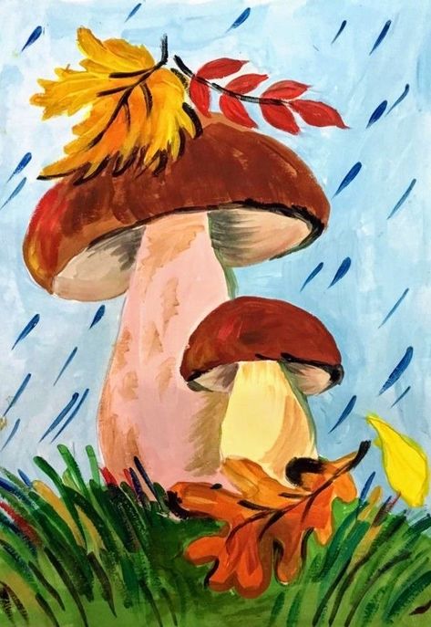 Fall Drawings Easy Kids, Fall Mushroom Painting, Fall Paint Party Ideas Canvases, Fall Kids Painting, September Painting Ideas, Autumn Pictures Art, November Painting Ideas, Fall Paintings For Beginners, Autumn Canvas Painting