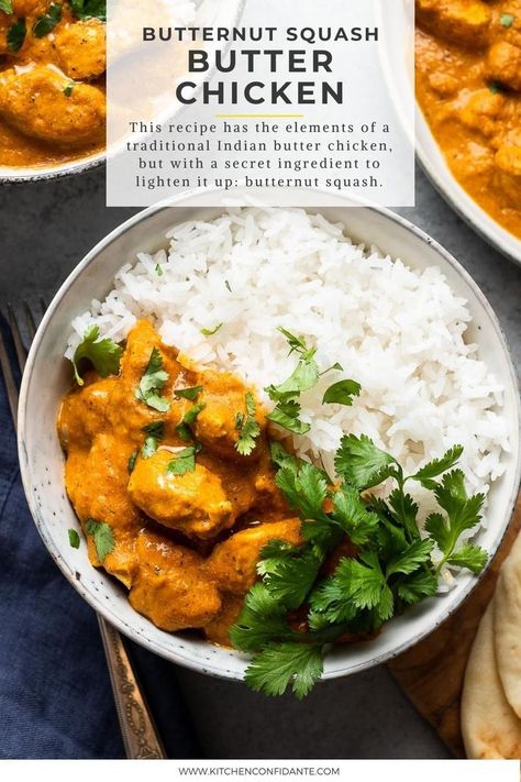 Butternut squash butter chicken in a bowl served with white rice and garnished with cilantro Butternut Squash Butter Chicken, Simple Butter Chicken, Butternut Squash Butter, Butter Squash Recipe, Chicken Squash, Butternut Recipes, Butternut Squash Curry, Butter Chicken Curry, Chicken And Butternut Squash