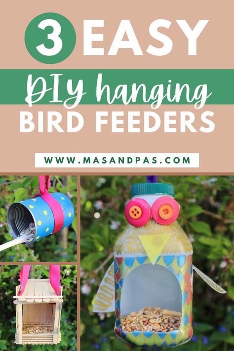 A tutorial and guide to making 3 different but easy handing bird feeders from mostly recyclable materials! The birds will love you for making and handing these in your yard, and your kids will love making these and then watching the birds come to eat! #birdfeeder #DIYbirdfeeder #craftsforkids #craftykids #naturecrafts Easy Bird Feeders, Bird Feeders For Kids, Homemade Bird Feeder, Bird Feeders For Kids To Make, Pine Cone Bird Feeder, Best Bird Feeders, Bird Feeder Craft, Easy Bird, Homemade Bird Feeders