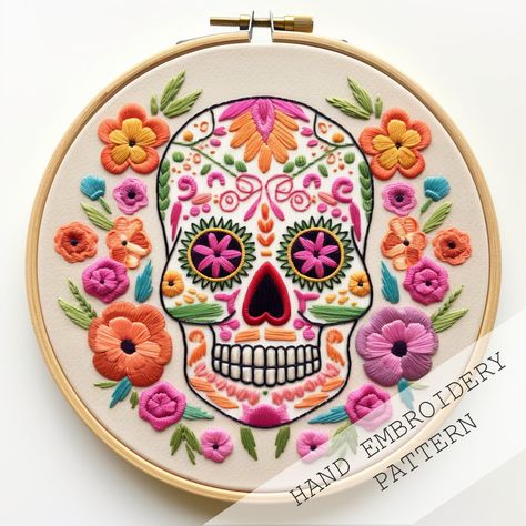 Motif For Embroidery Design, Mexican Heart Embroidery, Embroidery Print Design, Skull Embroidery Pattern, Sugar Skull Embroidery, Mexican Embroidery Designs, Skull Embroidery, Embroidery Crafts, Mexican Skull