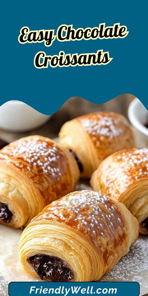 Indulge in the ultimate pastry delight with these easy homemade chocolate croissants! 🧈✨ Flaky, buttery layers filled with rich chocolate make this the perfect recipe for breakfast, brunch, or a sweet treat anytime.  🍽️💡 #ChocolateCroissants #HomemadePastries #EasyBaking #BreakfastRecipes #SweetTreats Chocolate Croissant Recipe Pillsbury, Chocolate Filled Pastry, Croissant From Puff Pastry, Croissant Dough Recipe Ideas, How To Make Chocolate Croissants, Chocolate Pastry Cream Recipe, Chocolate Crossiants Recipes, Chocolate Stuffed Croissants, Puff Pastry Chocolate Croissants