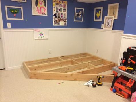 Playroom Stage!                                                                                                                                                                                 More Diy Playroom Furniture, Playroom Refresh, Playroom Stage, Kids Music Room, White Playroom, Diy Stage, Playroom Seating, Playroom Idea, Kids Stage