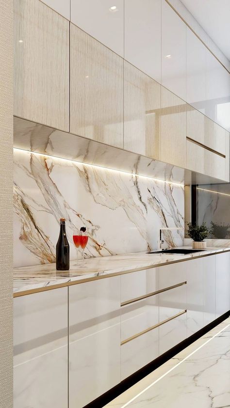 Glossy Kitchen Cabinets Modern, Glossy White Kitchen Cabinets, Kitchen Interior Luxury, Luxury White Kitchen, Contemporary White Kitchen, Luxury Kitchen Island, Glossy Kitchen, Elegant Kitchen Design, Kitchen Cupboard Designs