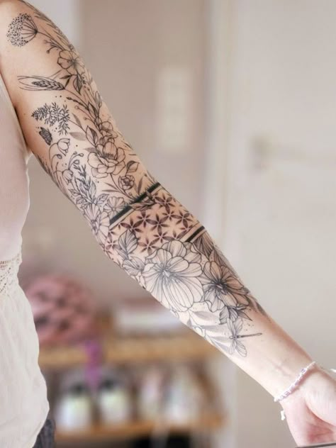 Wrist Tattoos For Women Sleeve, Mountain Botanical Tattoo, Sleeve Tattoo Flowers Woman, Wildflowers Tattoo Sleeve, Floral And Geometric Tattoo Sleeve, Flowers And Bugs Tattoo, Geometric Tattoo Sleeve Designs Women, Geometric Flower Tattoo Sleeve, Life Quote Tattoos For Women