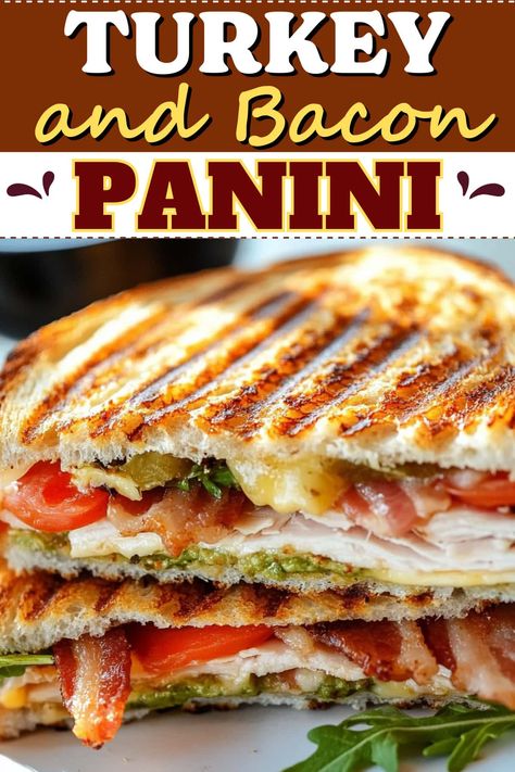 This turkey and bacon panini will be your new go-to lunch! With deli turkey, crispy bacon, smoky Gruyere, tomatoes, and guacamole, it's tough to resist. Chicken And Bacon Panini, Turkey Club Panini, Turkey Bacon Panini Recipes, Lunch Recipes Wraps, Smoked Turkey Panini, Turkey Bacon Ranch Panini, Panini Dinner Ideas, Panini Recipes Turkey, Panini Sandwiches Turkey