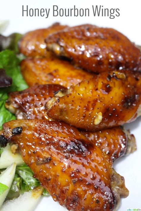 Bourbon Wings Recipe, Chx Recipes, Bourbon Wings, Honey Bourbon Chicken, Sticky Chicken Wings, Honey Bourbon, Wings Recipes, Kentucky Fried Chicken, Bourbon Chicken